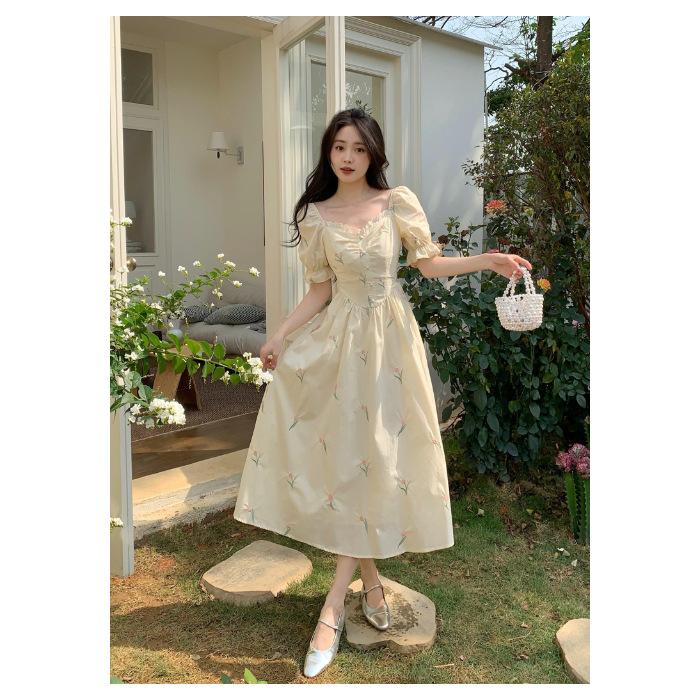 Square Neck Bubble Sleeve Floral Dress Children's Summer 2026 New Temperament Beautiful Gentle Waist Fairy Long Dress