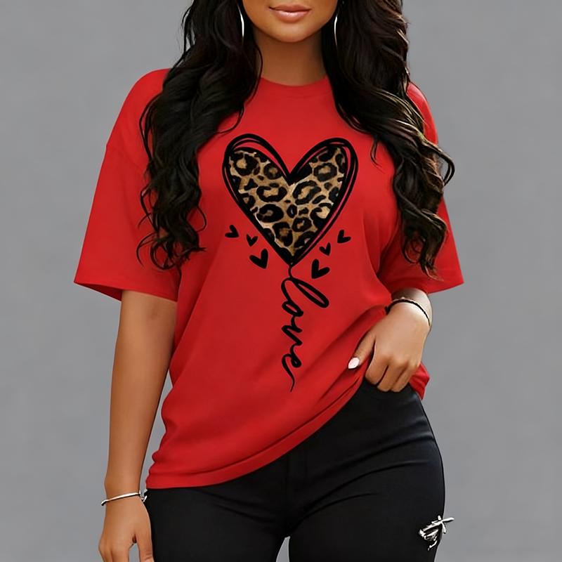 Women Summer Tee Leopard Love Heart Printed T Shirt - Fashion Short Sleeve Top