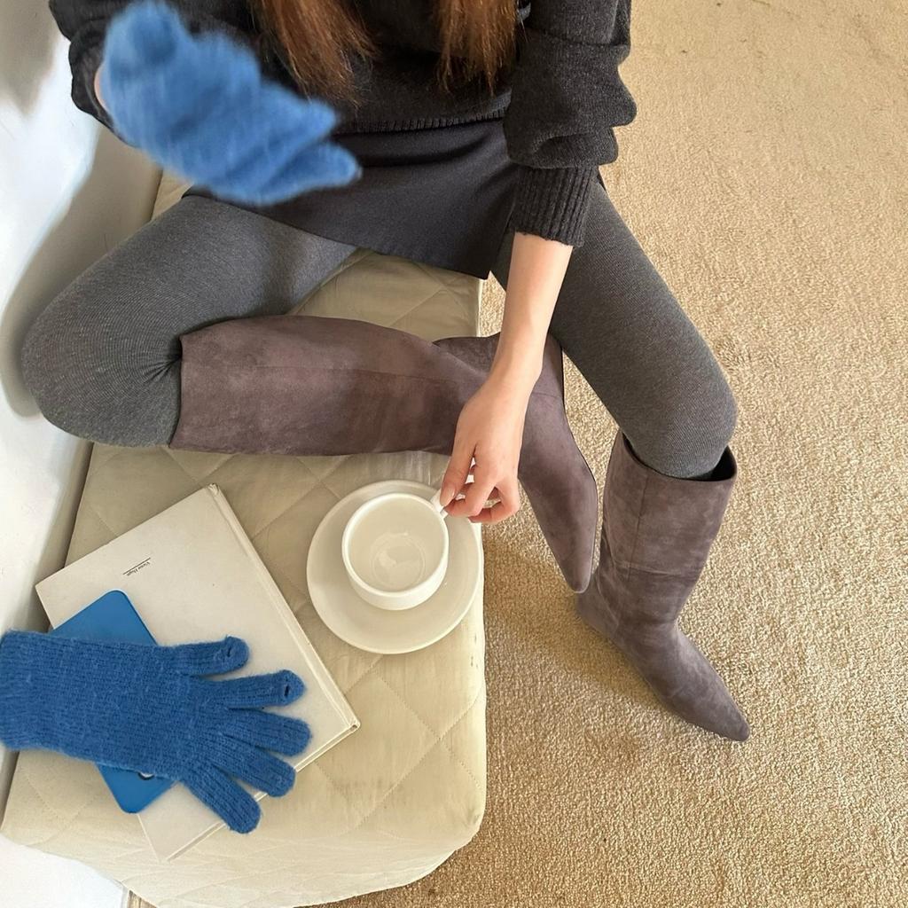 2025 New Small Pointed Suede Tall Thin But Knee Slope Heel Women's Boots