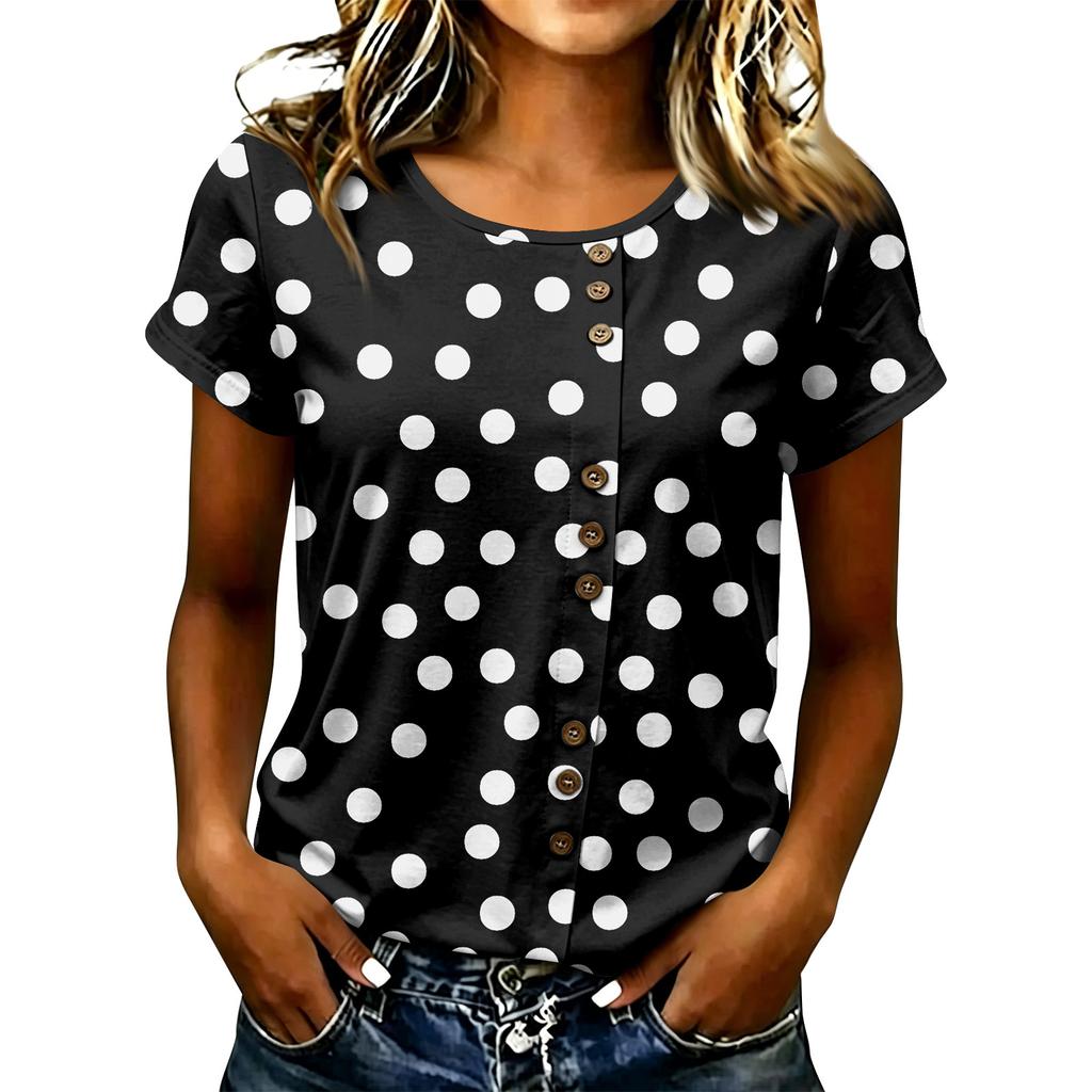 Women's Casual Round Neck Short Sleeve T-Shirt Button Detail Front Polka Dot Pattern Lightweight Soft Fabric Top