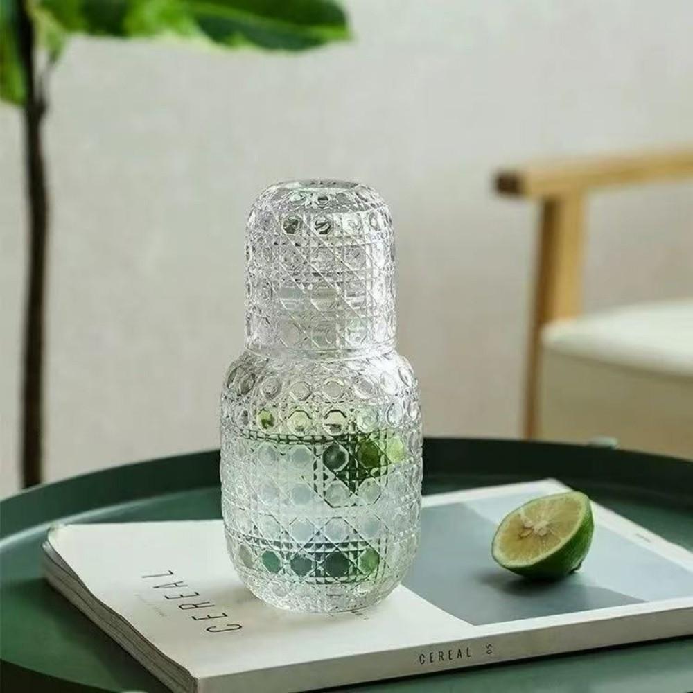 Retro Transparent Glass Water Bottle Embossed Pattern Large Capacity Glass Cups with Cup Cold Water Kettle Coffee Drinking