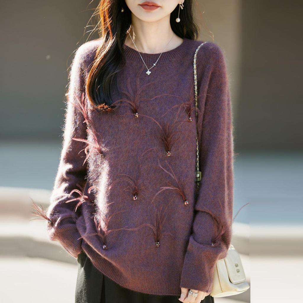Autumn/Winter 2026 Women's Beaded Feather Cashmere Wool Knit Sweater