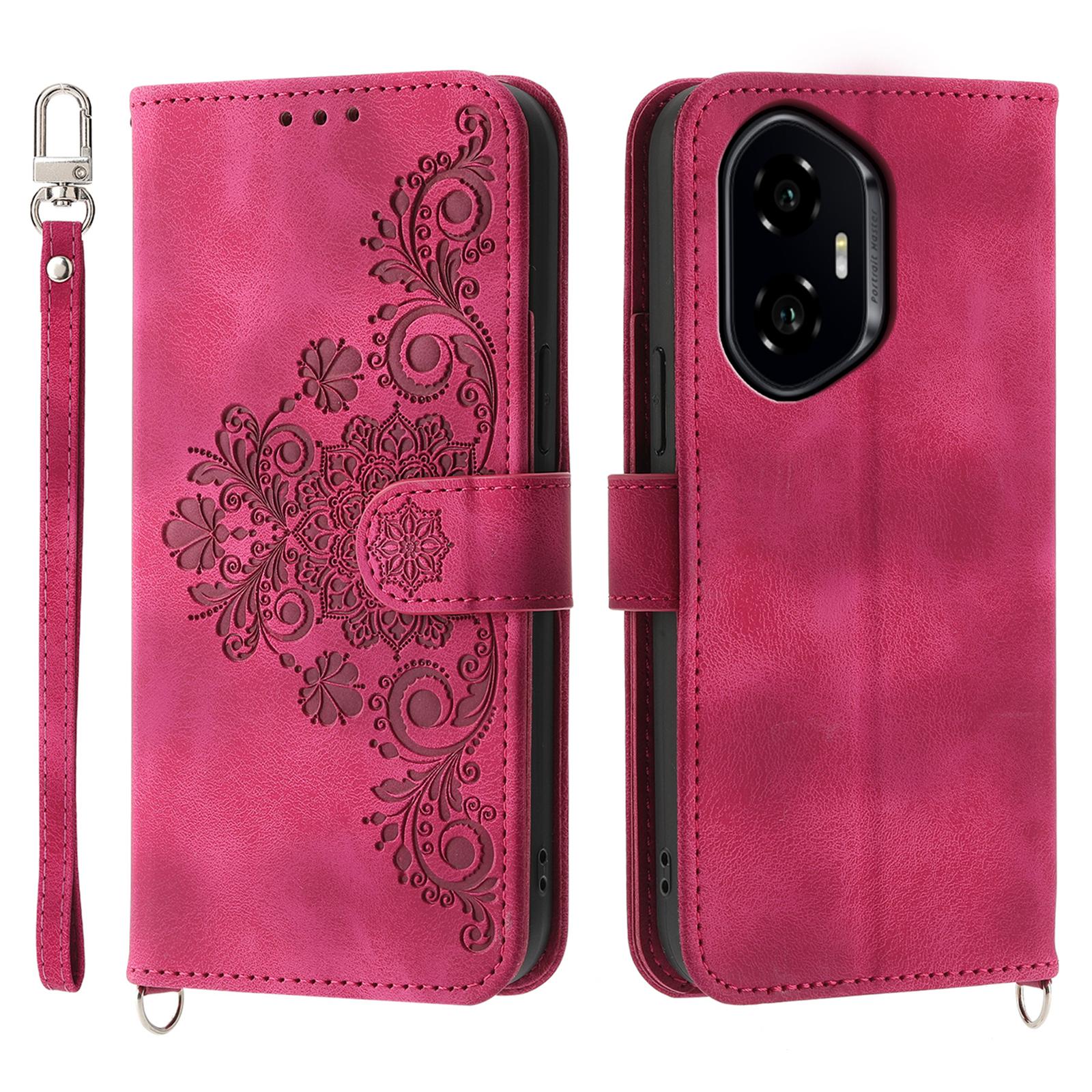 

For Honor 300 Case Flower Pattern PU Leather Wallet Phone Cover with Strap A
