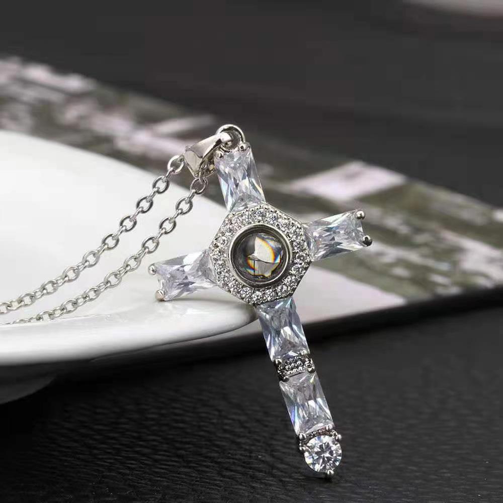 Zircon Cross Projection Necklace with Custom Engraved Text & Photo