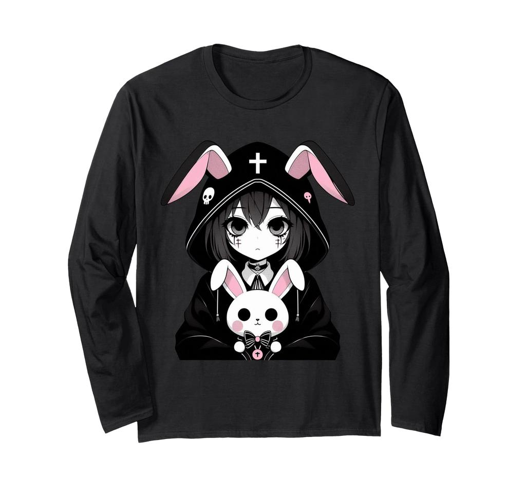 Goth Bunny Anime Girl Kawaii Gotický Strašidelný Art Japonské Tričko s Dlouhým Rukávem