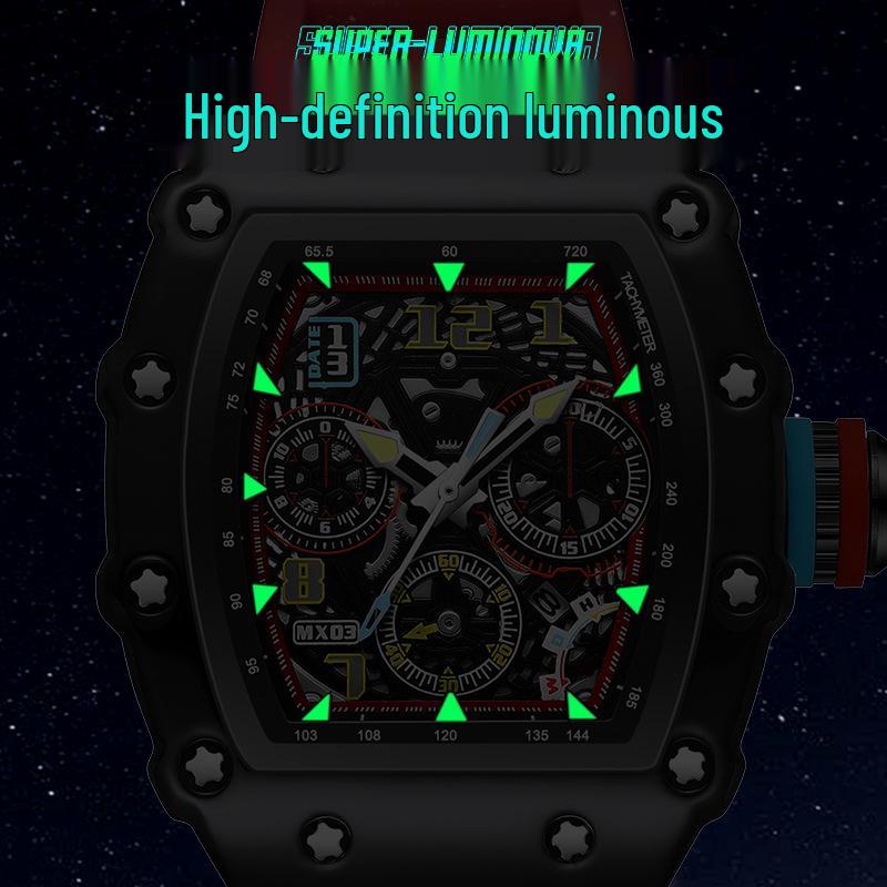 Men's Richard Luminous Calendar Wine Barrel Watch, Hollowed-Out Design, Trendy Mechanical Look