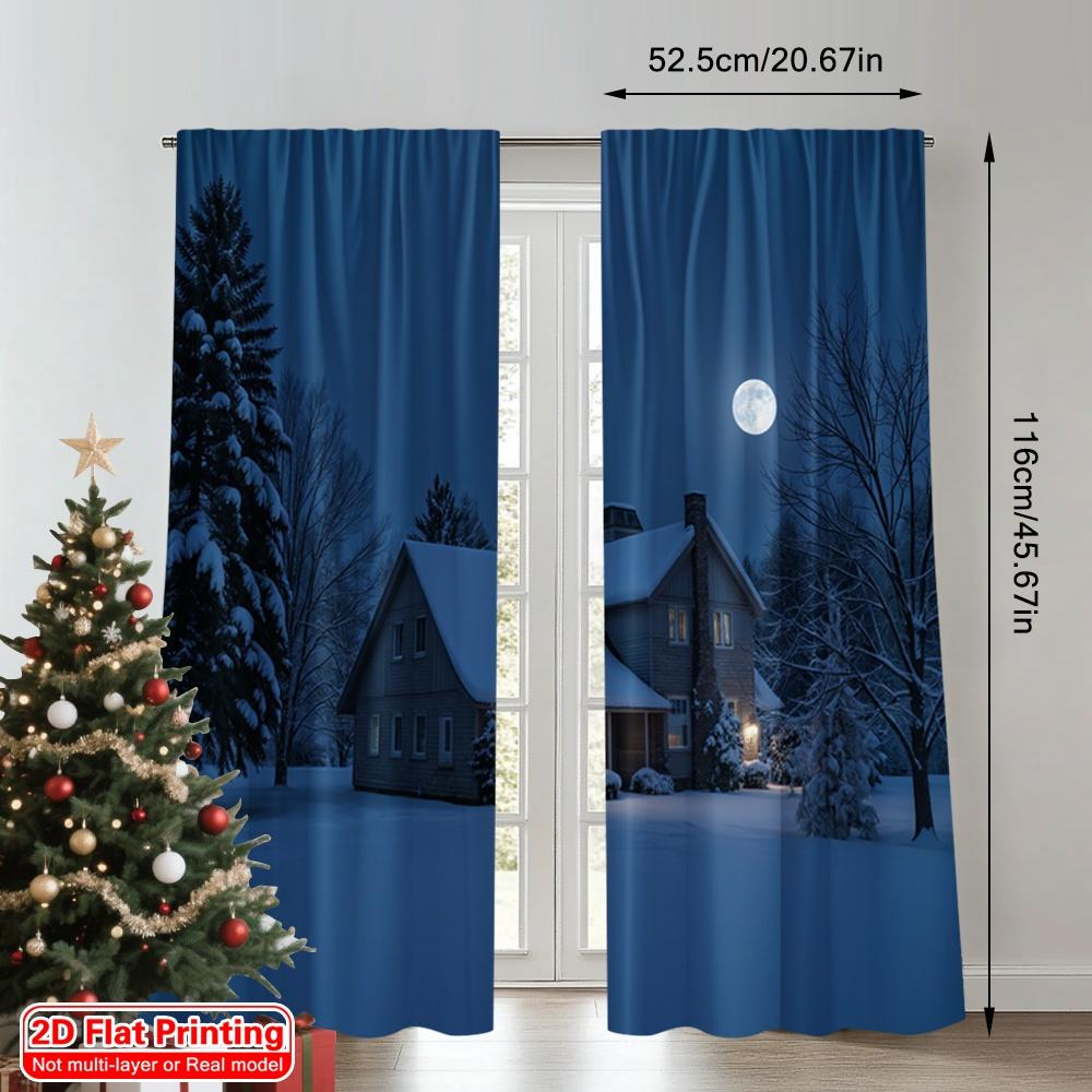 2pcs 2D flat printing Merry Christmas Popular Window Curtains Winter Night Cozy House Fabric Without Electricity Family Party