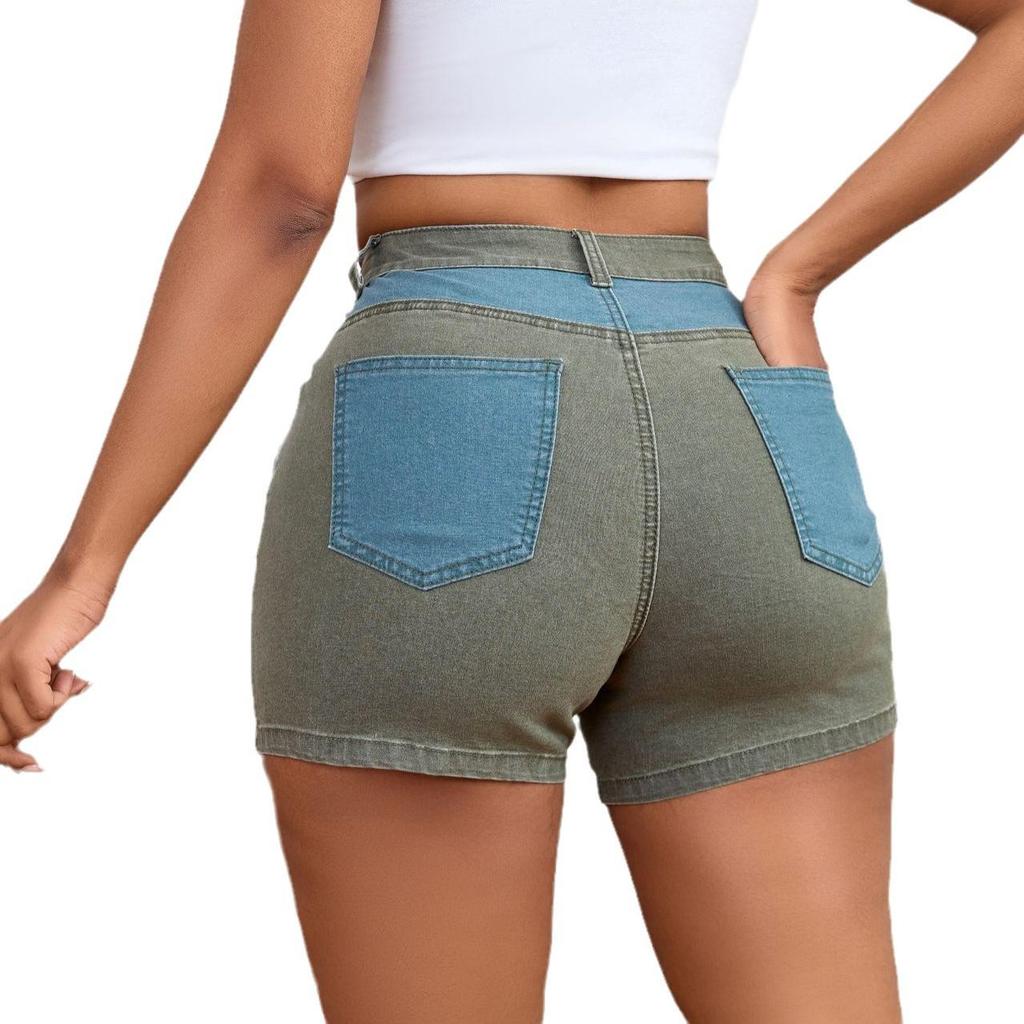 2025 European & American Stretch Fashion Patchwork Denim Hip-lifting Shorts for Women