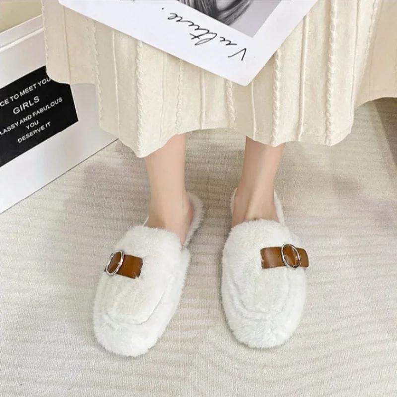 Slippers Casual Flock Med Shoes Platform Fur Flip Flops Cover Toe Slipers Women Slides Luxury Plush Flat 2024 Rubber  with fur
