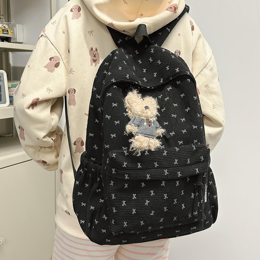 Schoolbag Winter New Corduroy School Bag Female College Student Backpack High School Student Lightweight Simple Strip Bow Backpack