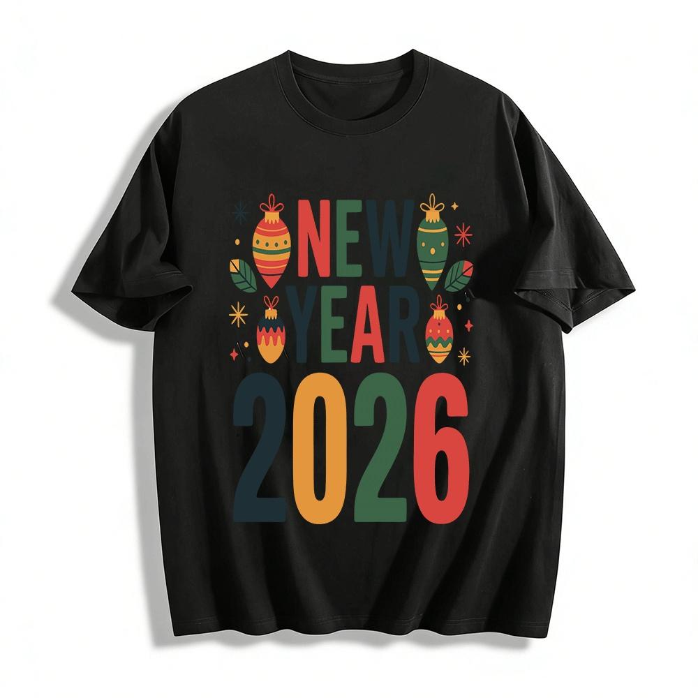 

New Year 2026 Printed Casual Top Festive Holiday Wear For Men Women Pure cotton T-shirt XXS