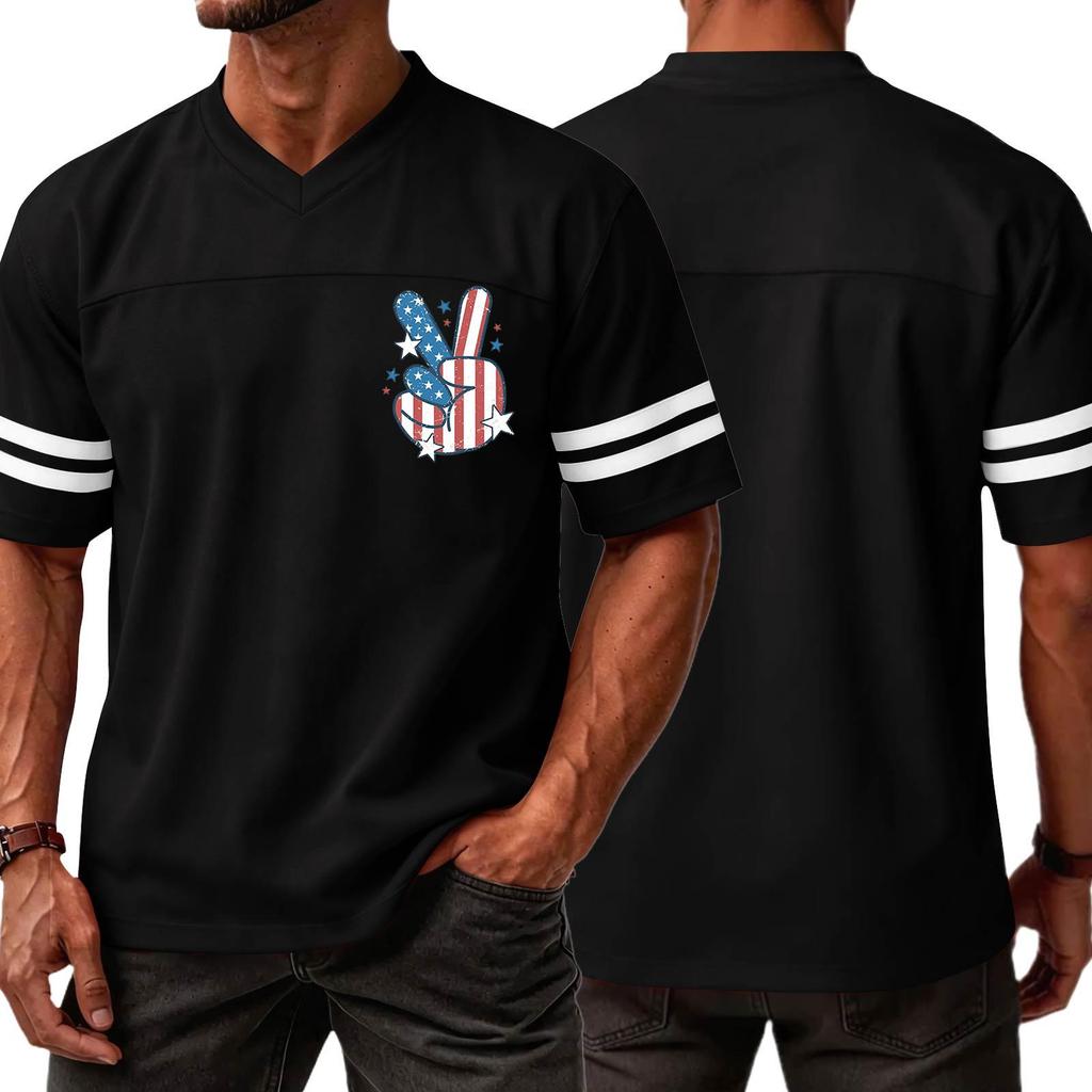 Men V Neck Casual Short Sleeve Jersey Shirt with Independence Day Print and Striped Sleeves for Sports and Wear