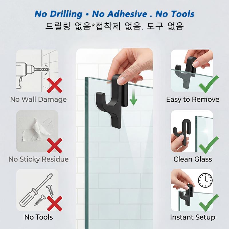 3D Shower Door Towel Hook for 8mm Glass Doors Bathroom Hanger for Clothes Towel Bathrobes Laundry Dormitory Apartment