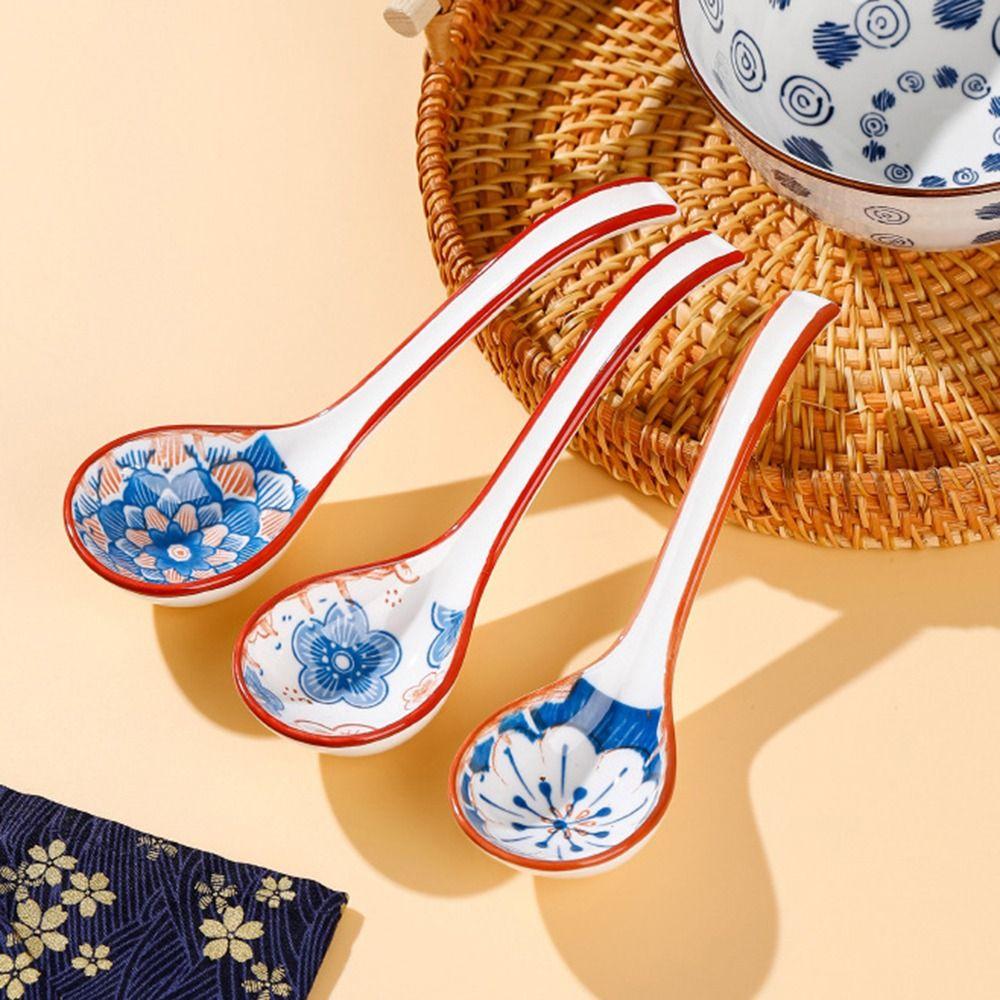 Set of 4 Porcelain Ramen Spoons Curved Handle Cooking Utensil Wonton Ceramic Soup Spoon  Home