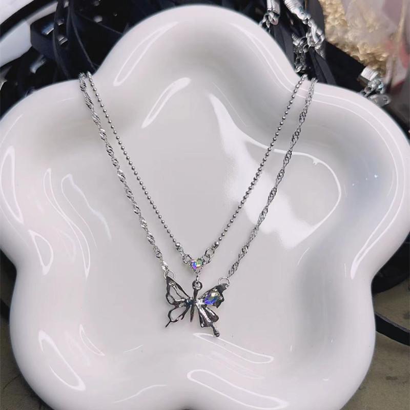 Korean Version Double-Layer Butterfly Necklace Xiaohongshu Same Niche INS Temperament Stacked Clavicle Chain Versatile Sweater Neck Chain