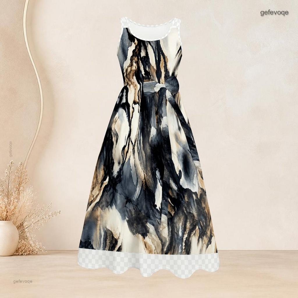 Women Plus Size Round Neck Sleeveless Blue White Printed Tie Waist A Line Long Dress