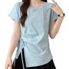 Women's Solid Color T-shirt Crew Neck Lace Up Pleated Ladies Short Sleeved T-shirts Summer Casual Irregular Famale Top