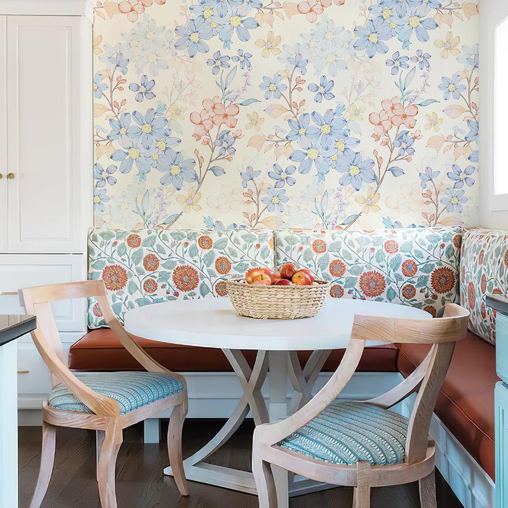 Elegant Light Blue Floral Wallpaper Peel And Stick PVC Flower Home Decoration Self Adhesive Yellow Cabinet Sticker