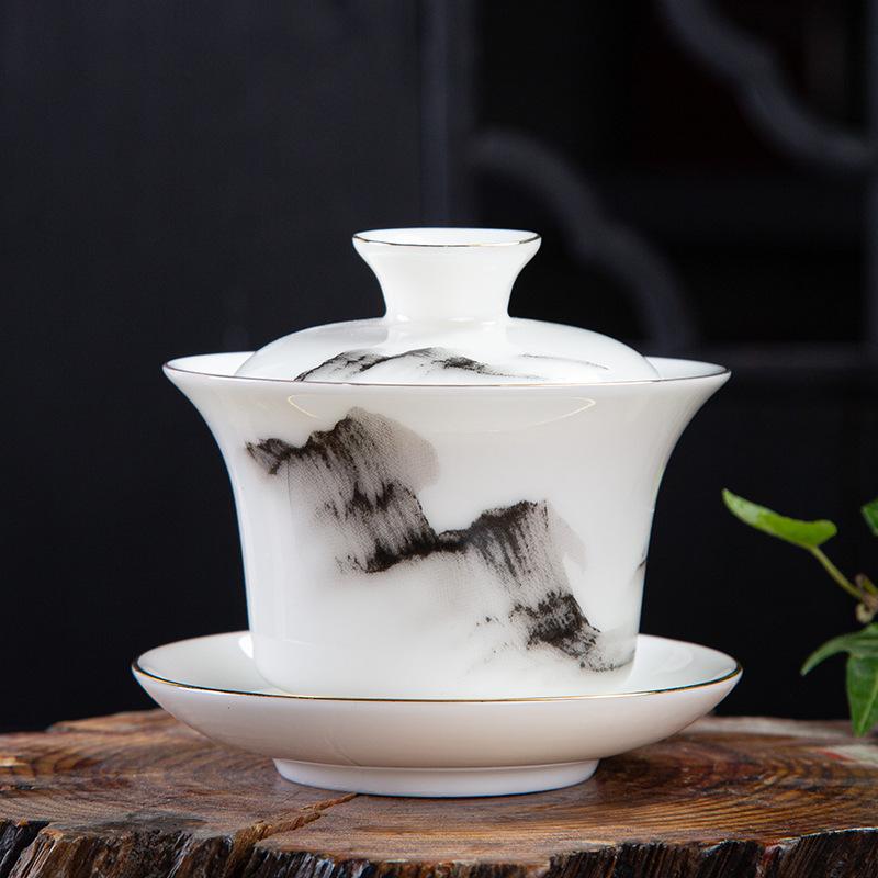 HMLOVE Mutton-fat Jade White Porcelain Sancai Gaiwan Color Enamel Cover Bowl Lid Saucer Handmade Tea Tureen Teaware Sets 160ML