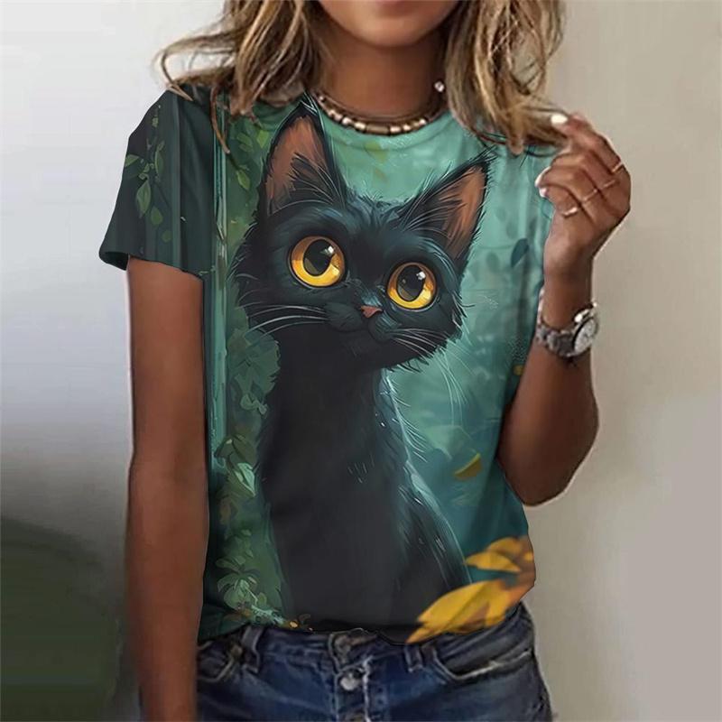 Cartoon Cat Pattern T-Shirt For Women Star Moon 3D Printed T Shirts Summer Fashion Street Tees Short Sleeves Crew Neck Tops