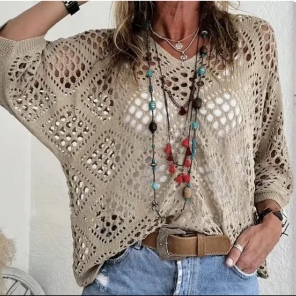 Women Spring Summer V-neck Diamond Hollow Out Batwing Sleeve Knit Sweater Loose Cover Up Blouse