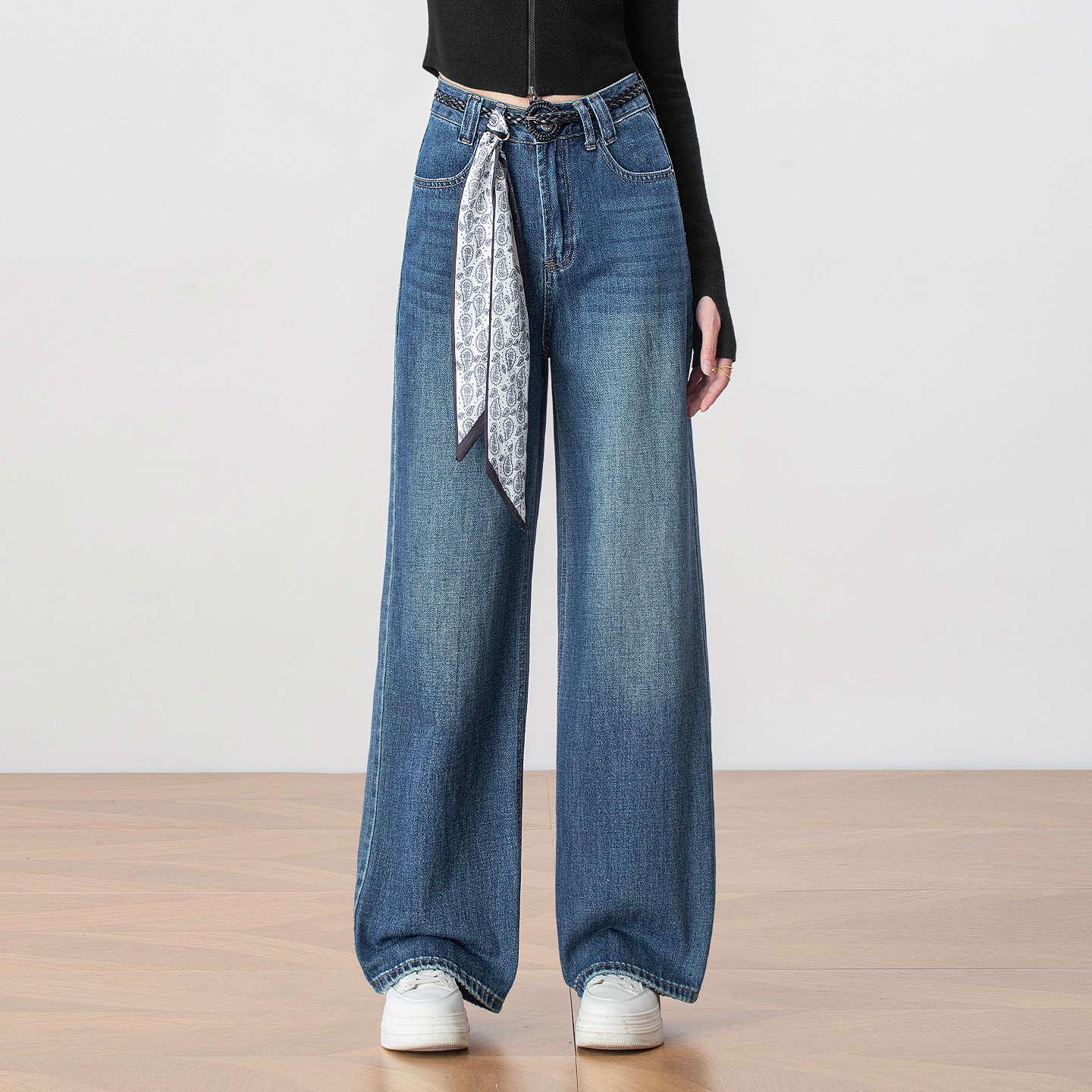 

Модные женские джинсы с высокой посадкой и широкими штанинами на осень 2025 года с лентами - стройнящие, универсальные, в корейском стиле. Size 29 синий