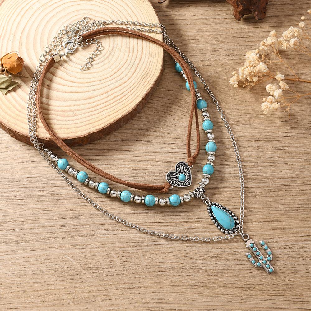 Sweet and Cool Jewelry Retro Imitation Turquoise Summer Collarbone Chain Beaded Necklace Set Ethnic Style Multi-item Jewelry