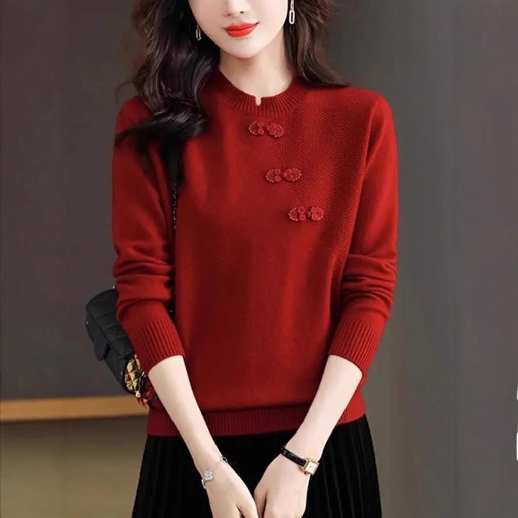 Round Neck Chinese Style Top for Women's Sweater for Spring New Knitted Sweater Mother Retro Button Pullover Base Shirt