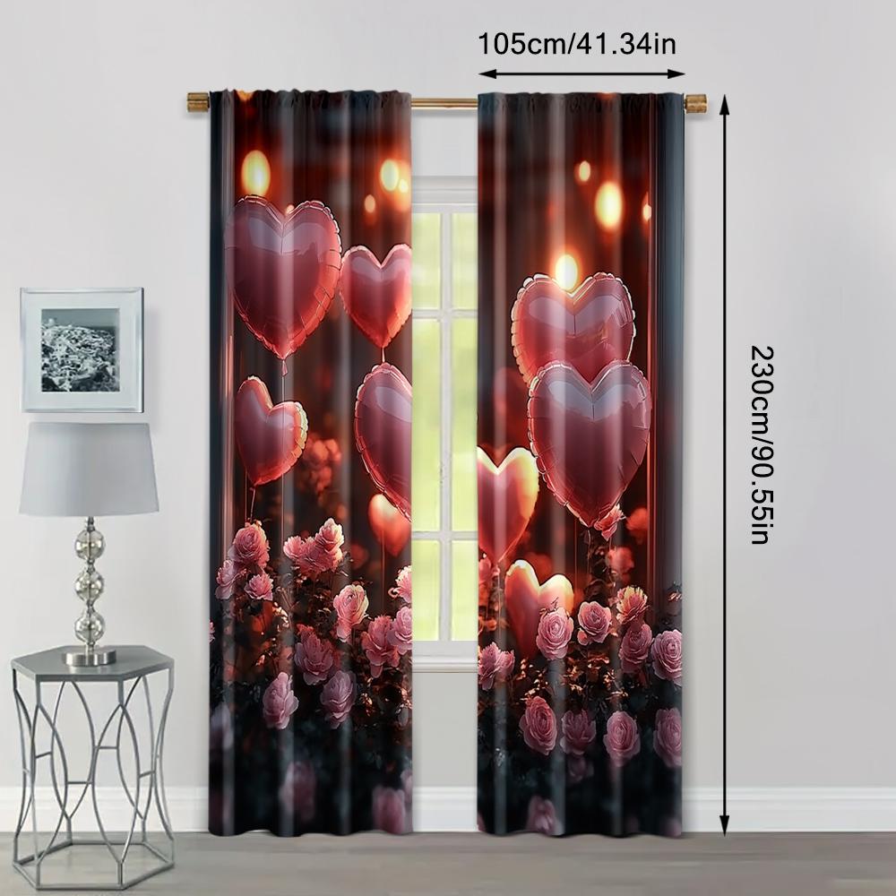 2pc,  Valentine's Day Window Treatment Curtains Romantic Heart Theme Roses Durable Polyester,Without Electricity Spring Party &