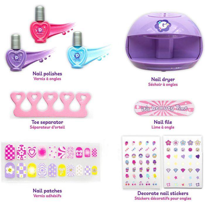 Smoby - Glam Nail Salon - Studio de Manucure Enfant - Sèche-Ongles - 3 Vernis - Lime - Stickers et Accessoires - Dès 6 ans