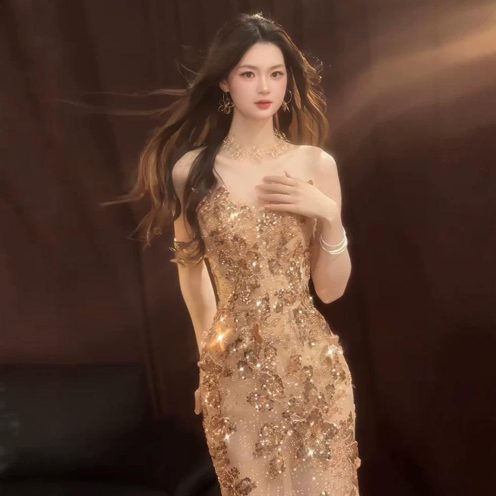 Heavy Industry Evening Dress Banquet Host Beautiful Temperament Long Gold Tube Top Toast Dress Bride Engagement Fishtail Dress