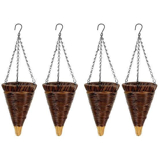 Cesto Portafiori Sospeso a Cono in Rattan Artificiale Intrecciato Fioriera Conica Rustica con Catene Metalliche per Decorazione Interna Esterna Giardino Balcone