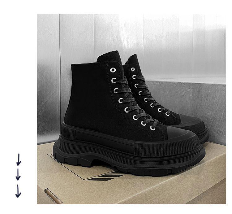 Versatile Men's Black Canvas High-Top Sneakers - Trendy, Thick-Soled, Height-Boosting Casual Sports Shoes for Spring and Autumn.