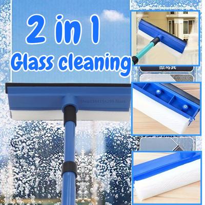 2 In 1 Window Glass Wiper Telescopic Window Glass Cleaner Wiper Long Handle Sponge Brush Window Mop Squeegee Wiper Cleaning Tool