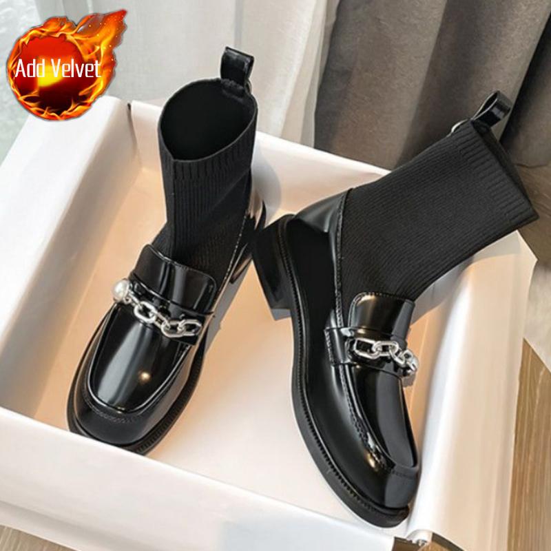 Women's Ankle Boots Round Toe Short Shoes for Woman Lolita Elastic Booties Mary Janes Footwear Black Sock New In Fashion 2024 Pu