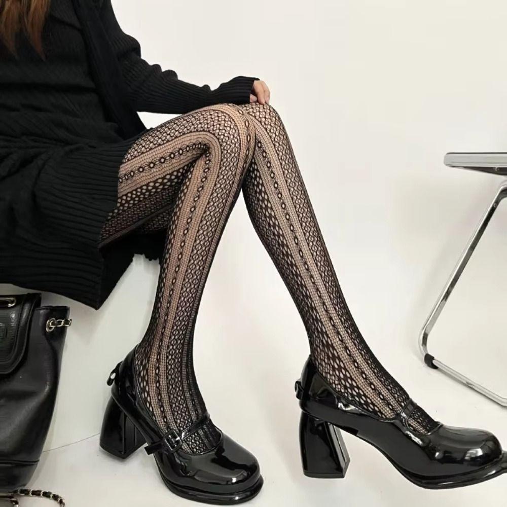 Sexy Hollowed Fishnet Pantyhose Elastic Striped Lace Tights Breathable Fishnet Stockings Lolita Wear
