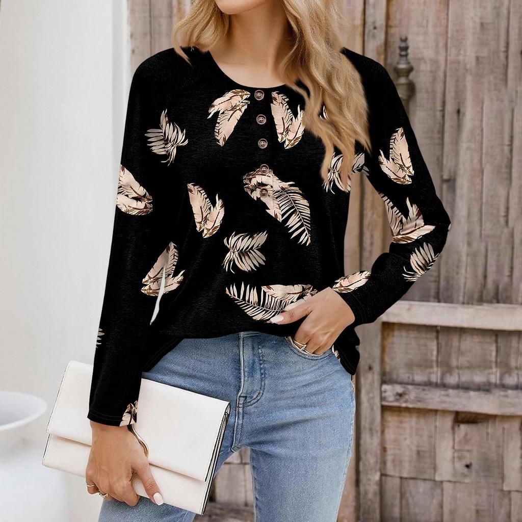 Top de manga larga con cuello redondo y estampado floral vintage de moda para mujer
