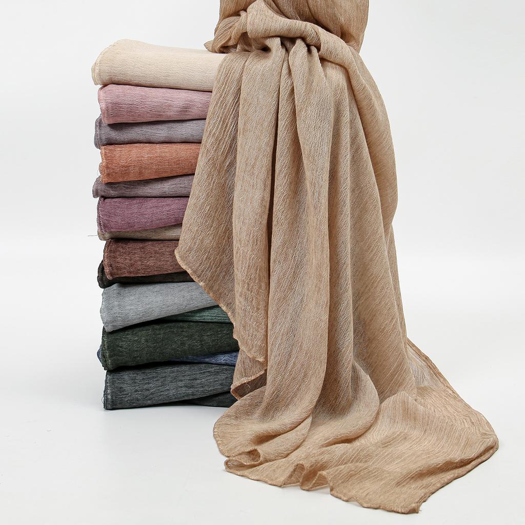 New Muslim Woman Solid Hijabs Scarf Ramadan Soft Rayon Cotton Wrinkle Shawl Islam Turban Ramadan Headband Foulard 180*80Cm