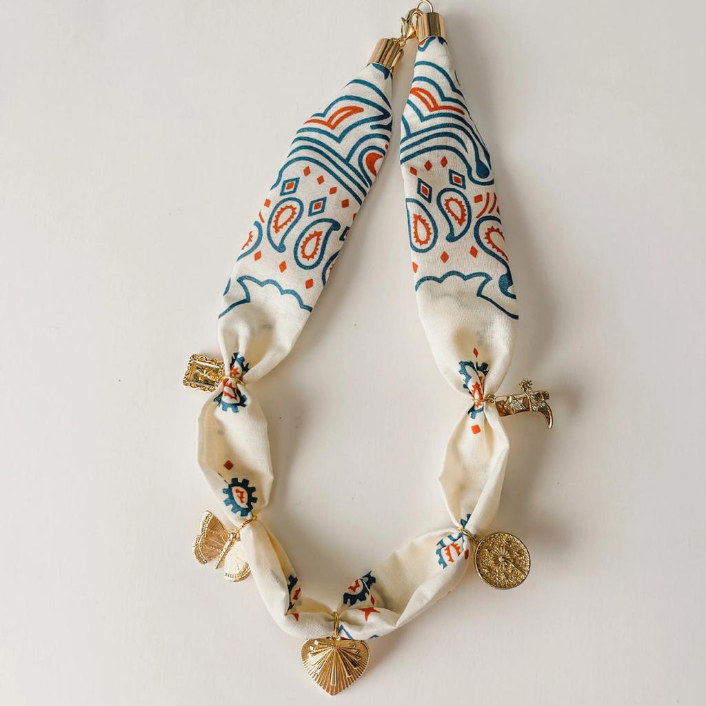 Bohemian Printed Silk Scarf Necklace Retro Metal Love Shell Pendant Cloth Strip Splicing Trendy Jewelry