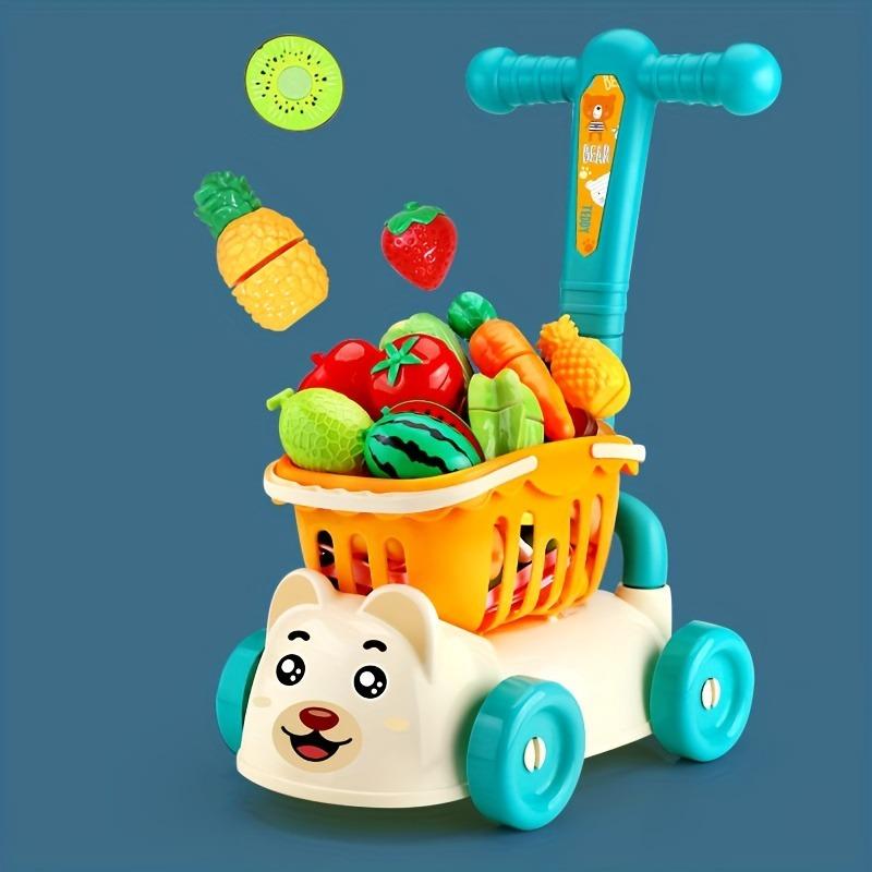 Kids Shopping Cart Trolley Play Set with Food Fruit Vegetables Accessories Play House Educational Toy Simulation Gifts for Girls