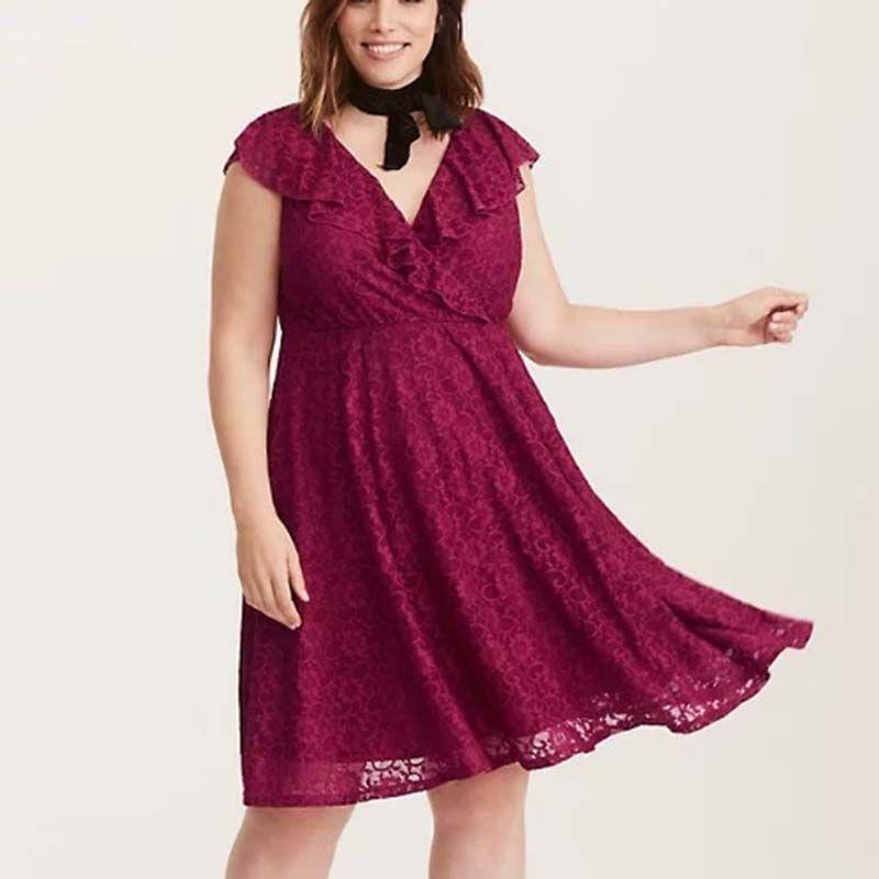 

100.00 кг Одежда больших размеров для женщин Полная девушка Европейский и американский стиль Одиночный экспорт Талия Стройнящее Без рукавов Кружевное платье Миди Юбка А-силуэта Fuchsia 2