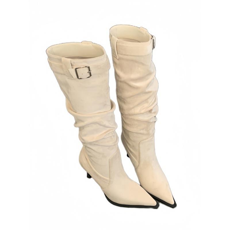 Pointed Thin Heel Skinny Boots Women's Pile Boots Belt Buckle Folded High Heel Boots Skinny Boots