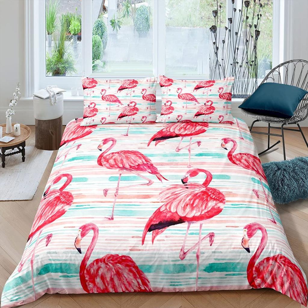 Red Flamingo Duvet Cover Set King Queen Size Polyester Comforter Cover Wild Animals For Kids Teens Animals Lovers Bedding Set