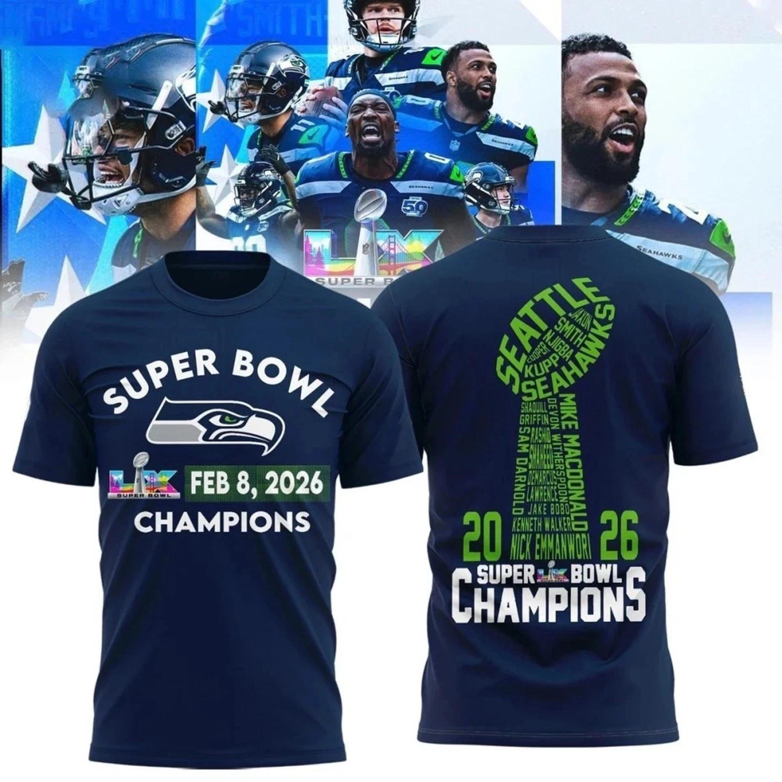 Seattle Seahawk Super 1Bowl LX Champions Feb8, 2026 Navy Shirt Unisex S-5XL L