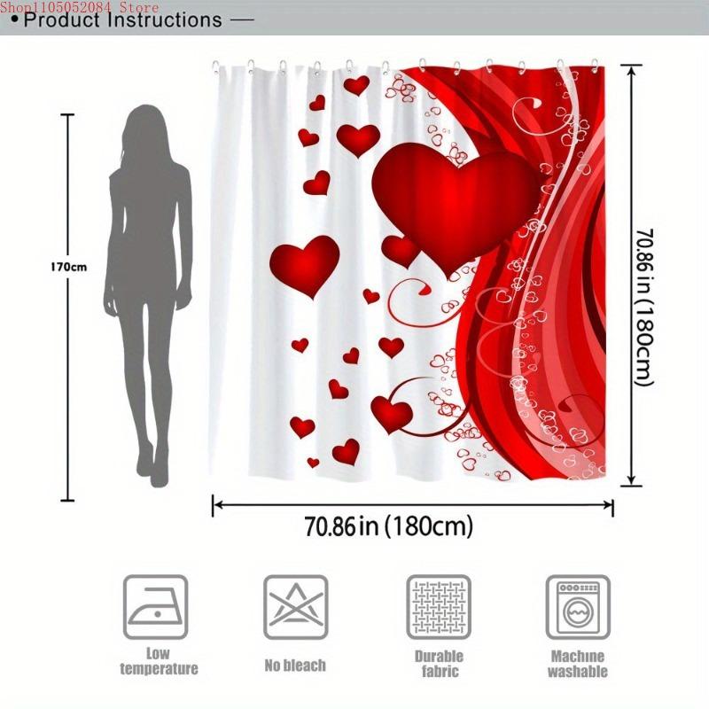 1Pc Heart Shaped Valentine S Day Shower Curtain - With Hooks Waterproof Mildew Proof Easy Install Washable