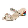 Spring and summer new one-word thick heel cool slippers women's medium heel rhinestone buckle women's open-toed sandals