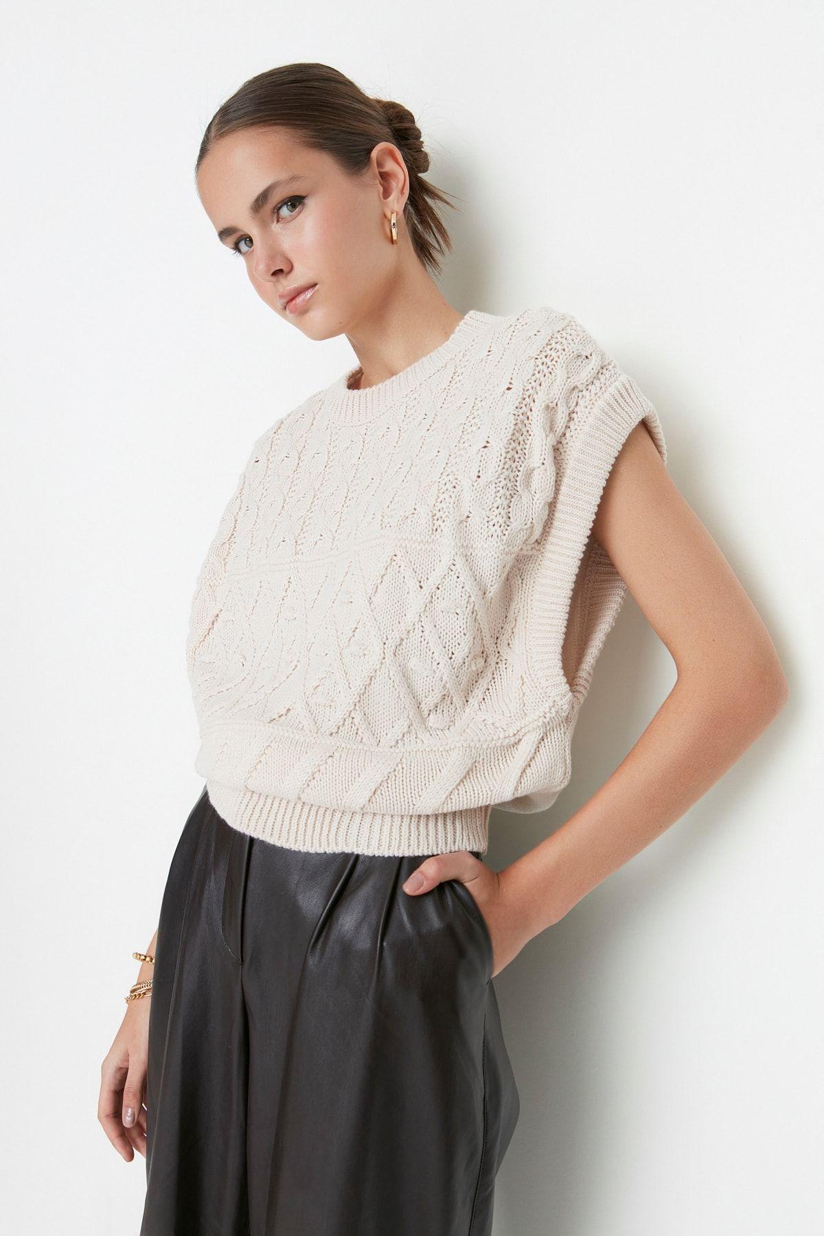 

Women s Fashionable Stylish Sweater Stone Self-Patterned Crew Neck Knitwear Sweater S