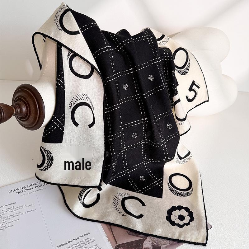 

Black & White Classic Silk Wool Medium Square Scarf - Warm Decorative Shawl for Autumn & Winter 60-80cm