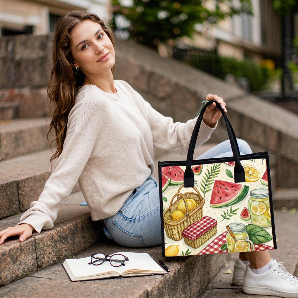 Summer Pattern Casual Tote Bag for Outdoor Picnic Daily Use Portable Lightweight Shopping Shoulder Bag