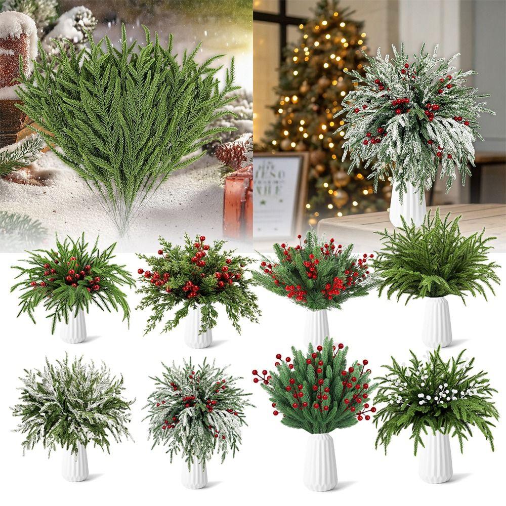 Plastic Christmas Artificial Pine Branches Red Berries Faux Pine Natural Looking  Festival Supplies